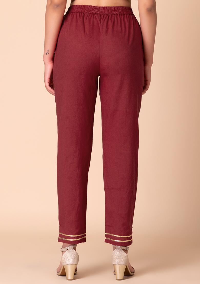 Maroon Cotton Straight Pants With Gota Lace Detailing