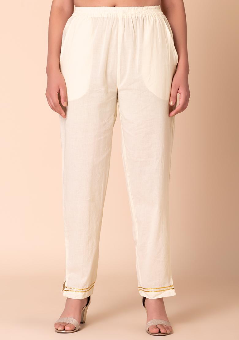 Off-White Cotton Straight Pants With Gota Lace Detailing