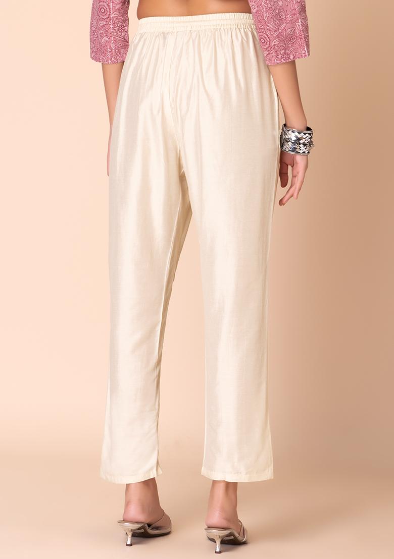 Ivory Poly Silk Straight Pants