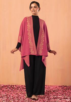 Pink Floral Striped Border Knitted Kaftan Shrug