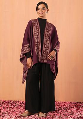 Purple Geometric Border Knitted Kaftan Shrug