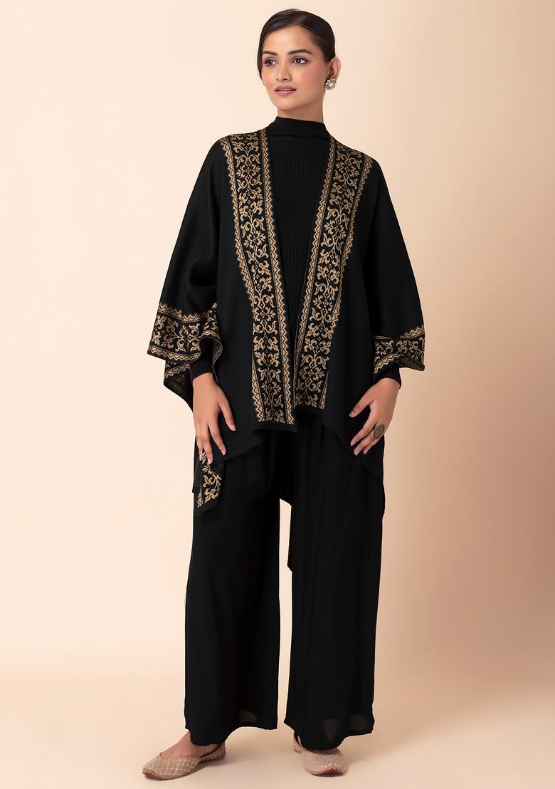 Black Geometric Border Knitted Kaftan Shrug