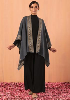 Grey Geometric Striped Border Knitted Kaftan Shrug