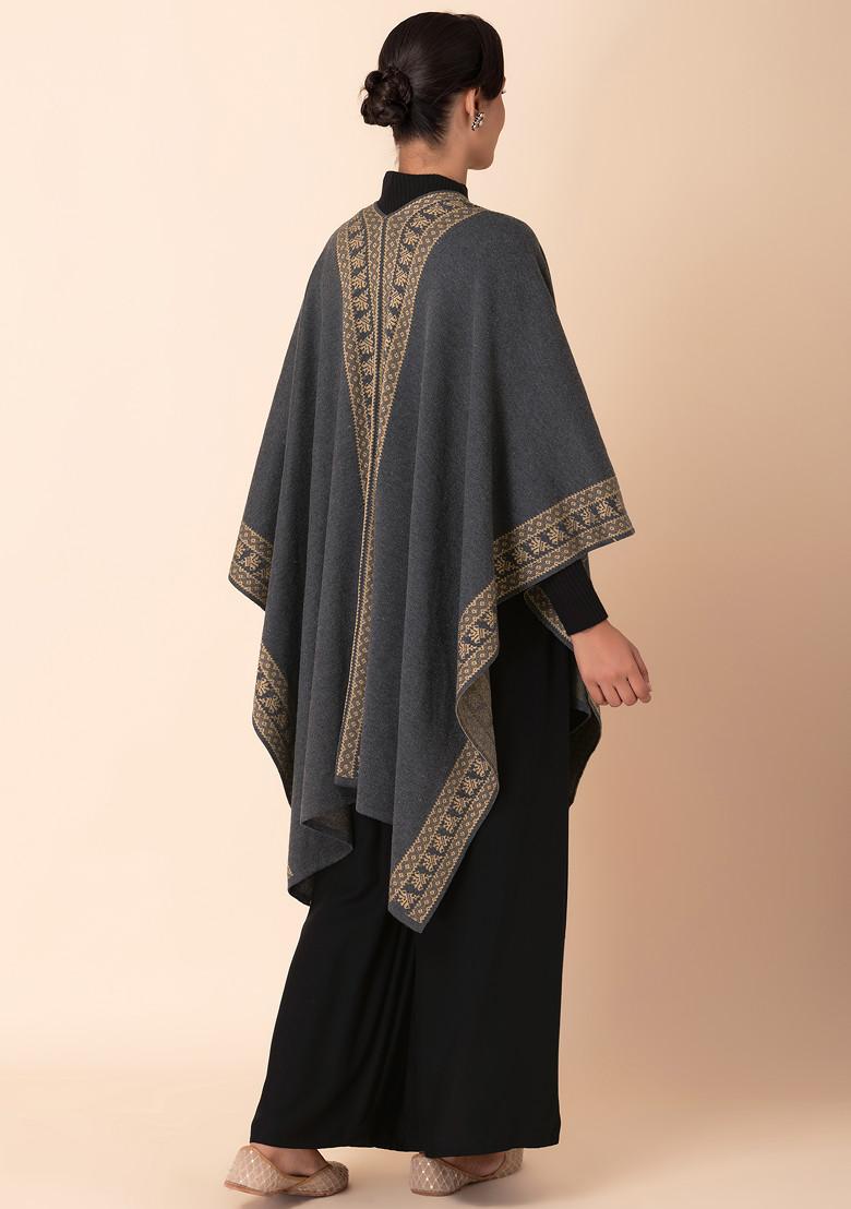 Grey Geometric Striped Border Knitted Kaftan Shrug