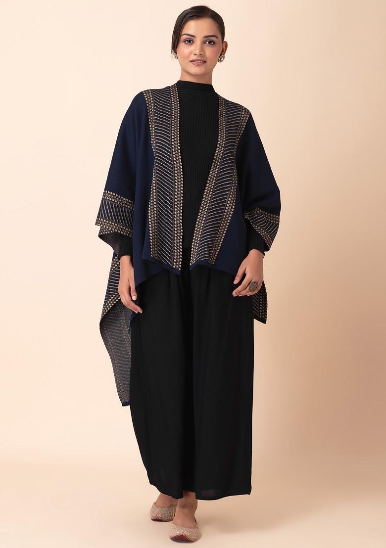 Blue Geometric Grid Border Knitted Kaftan Shrug