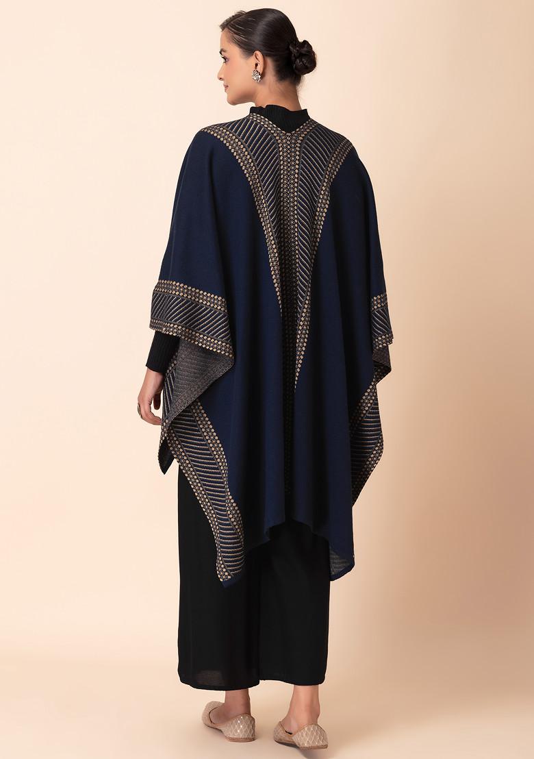 Blue Geometric Grid Border Knitted Kaftan Shrug