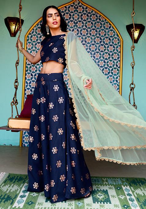 Co Ords Crop Top And Skirt Two Piece Outfits Online India Navy Foil Silk Maxi Skirt