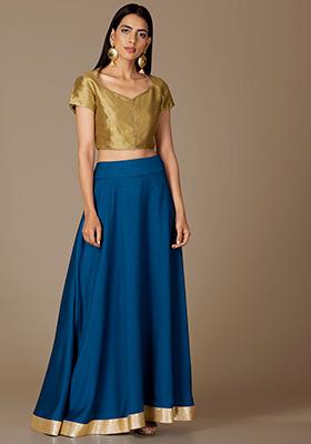 Sapphire Blue Gold Border Lehenga Skirt