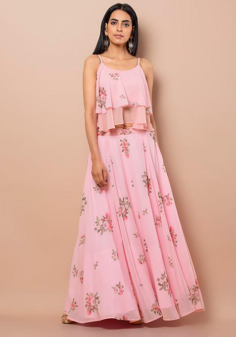 Pink Floral Lehenga Skirt With Cancan