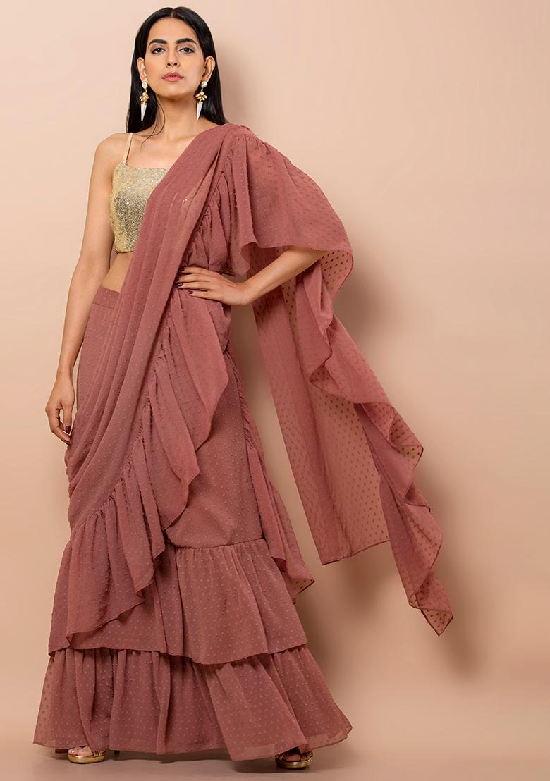 MBA1099 Peach ruffle skirt saree blouse set with belt - Meraki by Anchal