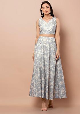 Women Navy Blue and White Floral Printed Flared Maxi Skirt