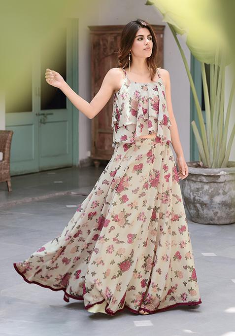 Buy Women Ivory Floral Lehenga Skirt With Cancan - RTW - Indya