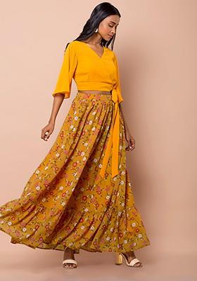 Mustard Floral Ruffled Hem Lehenga Skirt