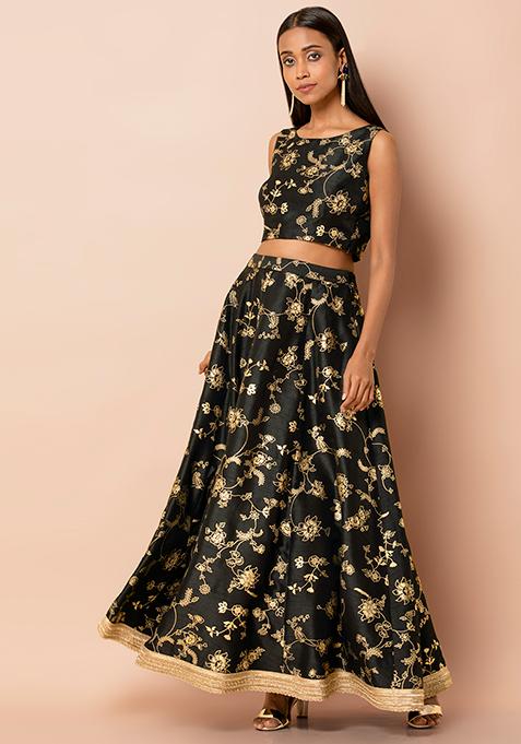 Buy Women Black Floral Vine Foil Lehenga Skirt - RTW - Indya