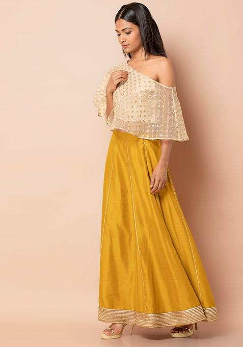 Mustard Solid Lehenga Skirt With Gold Panelling