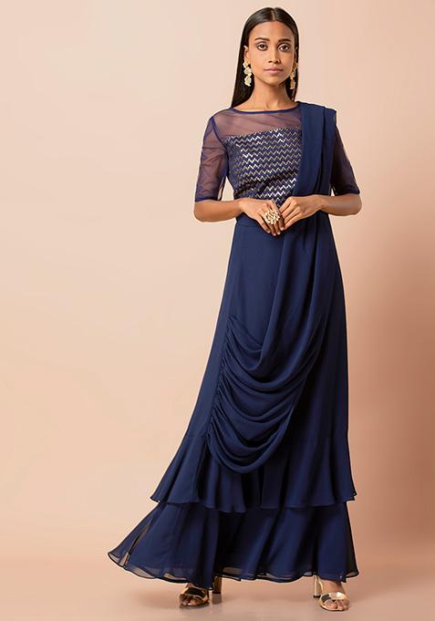 Navy Ruffle Skirt with Attached Dupatta 