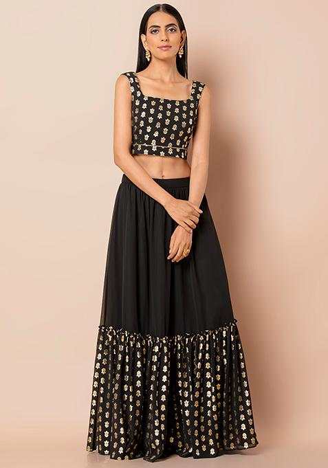 Buy Women Black Floral Foil Tiered Lehenga Skirt - Lehenga & Skirt - Indya