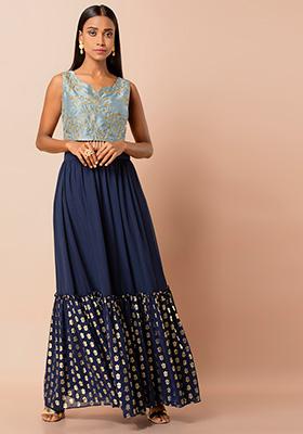 Navy Floral Foil Tiered Lehenga Skirt
