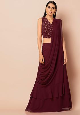 Maroon Ruffle Skirt with Attached Dupatta 