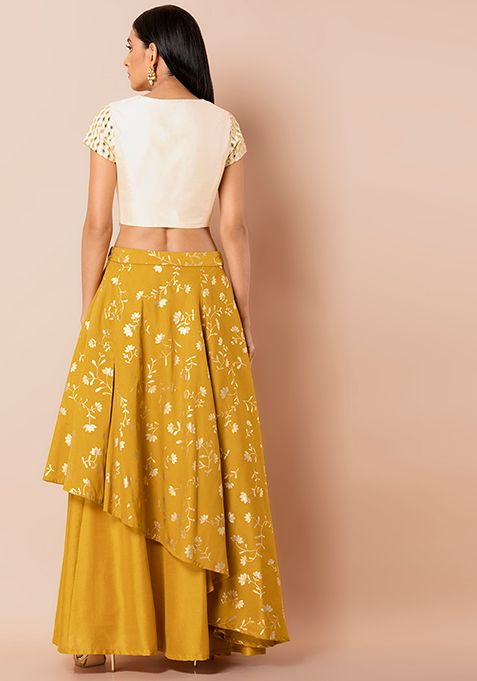 Buy Women Mustard Foil Asymmetric Layered Lehenga Skirt - RTW - Indya