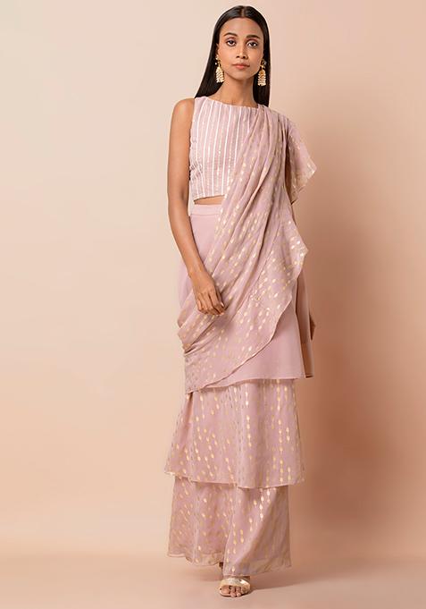 Pink Ruffled Tiered Pre-Stitched Saree