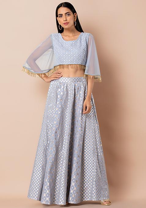 Buy Women Blue Chanderi Floral Maxi Skirt - RTW - Indya