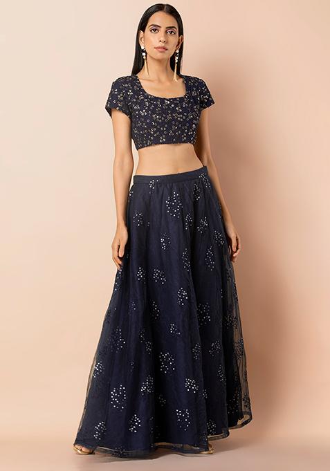 Buy Women Navy Embroidered Mesh Lehenga Skirt With Cancan - RTW - Indya ...