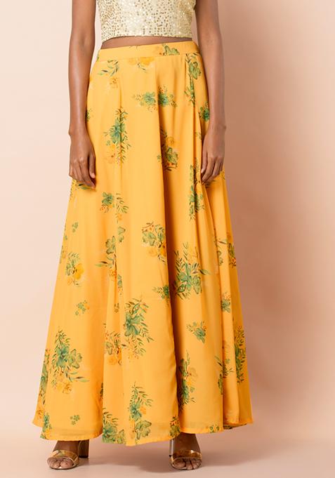 Buy Women Yellow Foliage Floral Cancan Lehenga Skirt - RTW - Indya