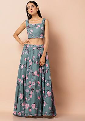 Grey Floral Georgette Lehenga Skirt with Cancan 