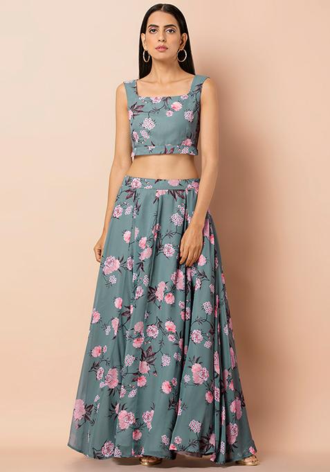 Buy Women Grey Floral Georgette Lehenga Skirt With Cancan - RTW - Indya