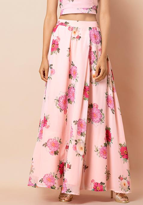 pink floral long skirt