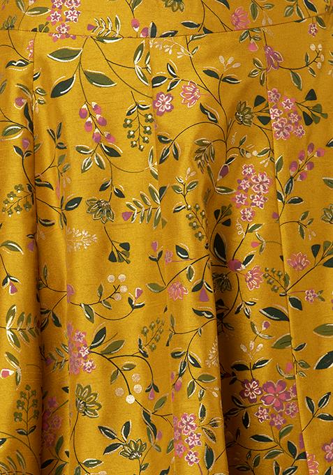 Buy Women Mustard Floral Foil Kalidar Lehenga Skirt - RTW - Indya