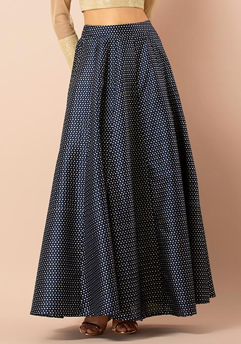 Navy Polka Foil Panelled Layered Skirt 