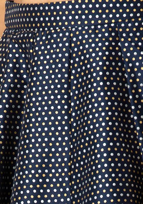 Buy Women Navy Polka Foil Panelled Layered Skirt - Lehenga & Skirt - Indya