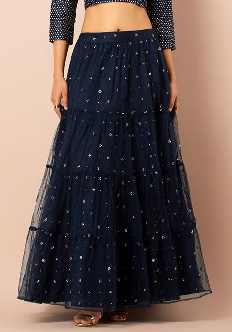 Navy Embroidered Mesh Tiered Skirt