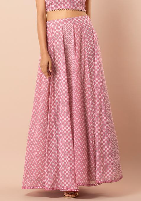 Pink Bandhani Mirror Lace Panelled Lehenga Skirt