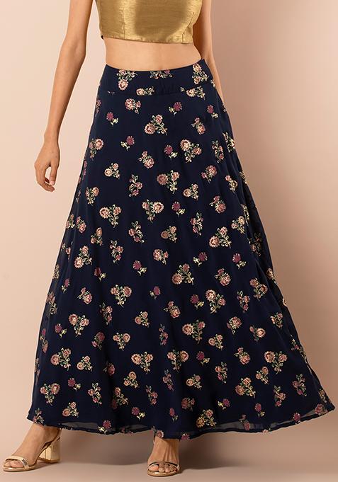 Navy Floral Foil Panelled Lehenga Skirt with Cancan