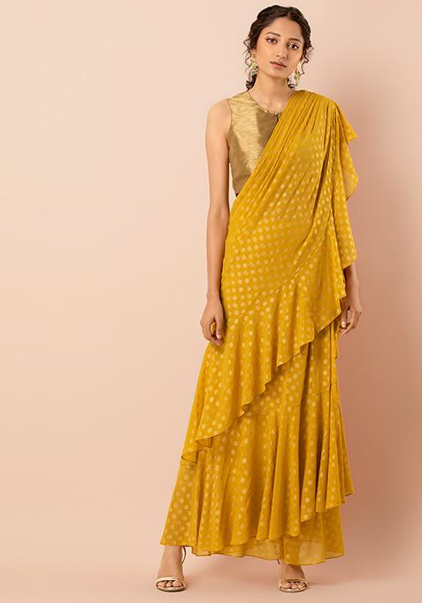 Buy Women Yellow Foil Ruffled Pre-Stitched Saree (Without Blouse ...