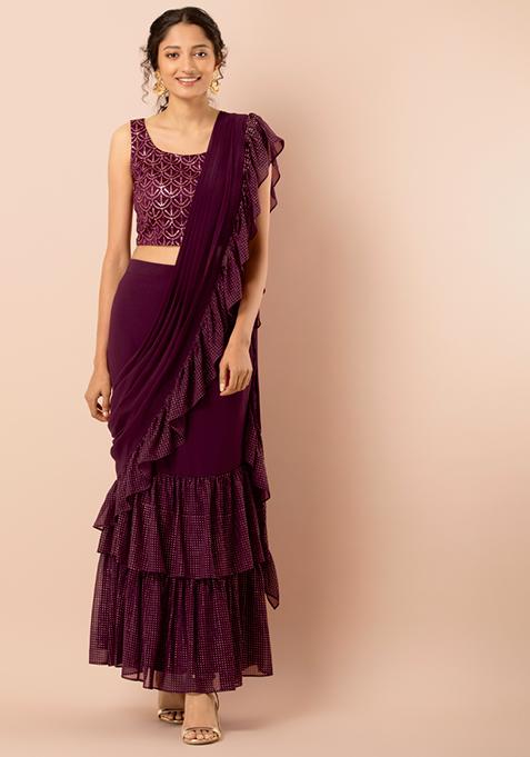 Wine Mukaish Foil Ruffled Pre-Stitched Saree (Without Blouse)