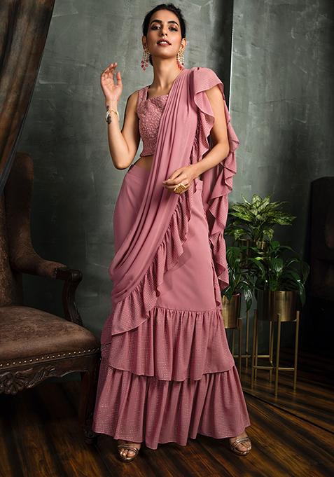 Pink Mukaish Foil Ruffled Pre-Stitched Saree (Without Blouse)