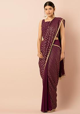 Wine Embellished Pleated Pre-Stitched Saree 