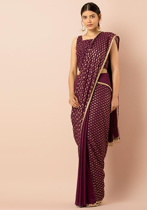 Wine Embellished Pleated Pre-Stitched Saree (Without Blouse)