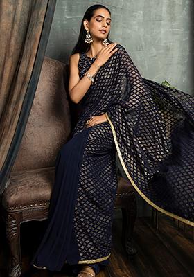 Navy Embellished Pleated Pre-Stitched Saree 