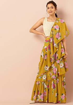 Mustard Floral Georgette Frilled Pre-Stitched Saree (Without Blouse)