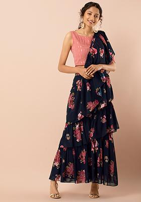 Navy Floral Ruffled Pre-Stitched Saree