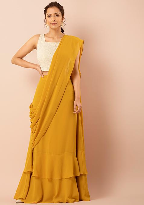 Mustard Solid Ruffled Pre-Stitched Saree (Without Blouse)