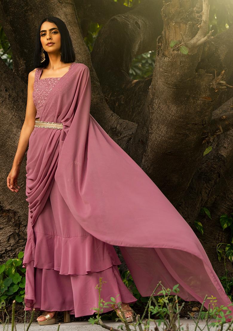 Buy INDYA Pink Solid Ruffled Pre Draped Ready To Wear Saree - Sarees for  Women 13085878 | Myntra