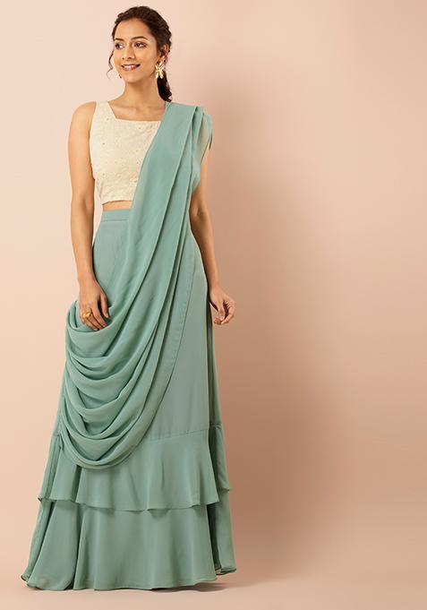 Green Solid Ruffled Pre-Stitched Saree 