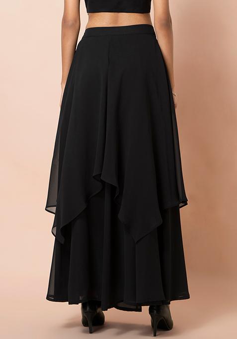 Buy Women Black Layered High Low Lehenga Skirt - RTW - Indya