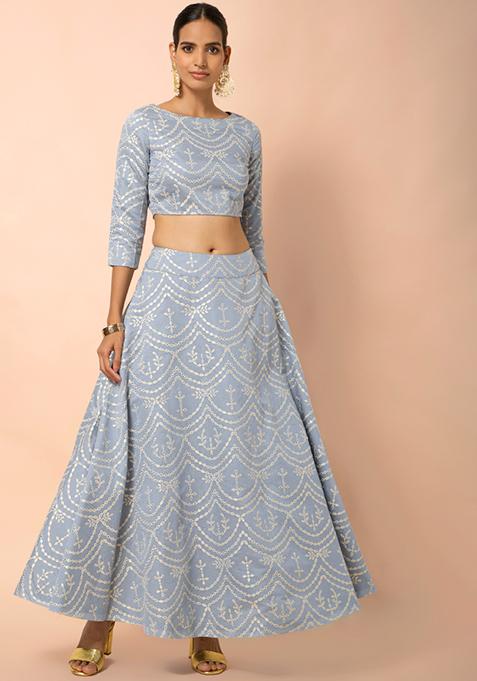 Blue Khadi Print Lehenga Skirt 